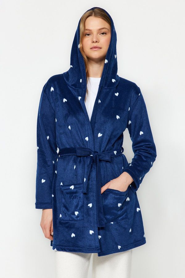 Trendyol Trendyol Navy Blue Belted Heart Patterned Pocket and Hood Detailed Fleece Knitted Dressing Gown