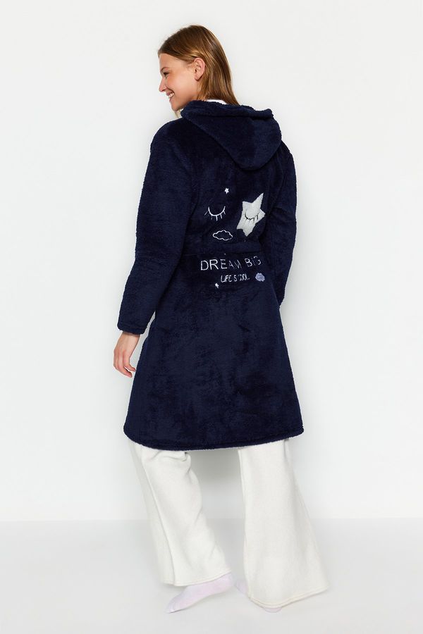 Trendyol Trendyol Navy Blue Belted Wellsoft Back Detailed Hooded Knitted Dressing Gown