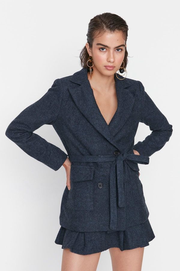 Trendyol Trendyol Navy Blue Belted Woven Jacket with Lining