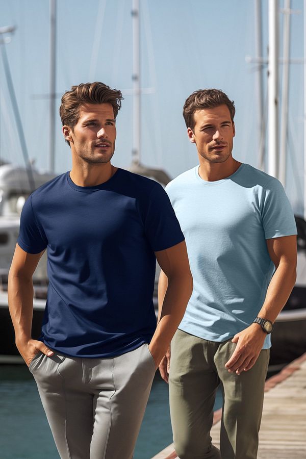 Trendyol Trendyol Navy Blue-Blue Basic Slim Fit/Slim Cut 100% Cotton 2-Pack Short Sleeve T-Shirt