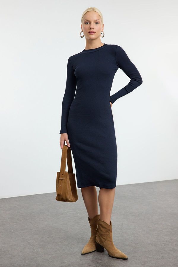 Trendyol Trendyol Navy Blue Body-Styling Slit Crew Neck Midi Ribbed Flexible Knit Dress