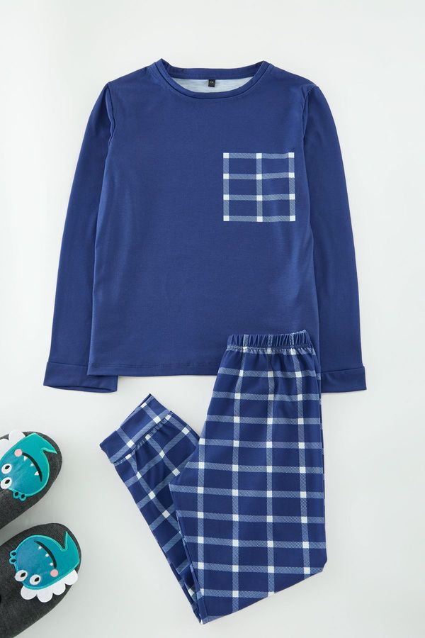 Trendyol Trendyol Navy Blue Boy Plaid / Checkered Pajama Set Knitted Top-Bottom Set