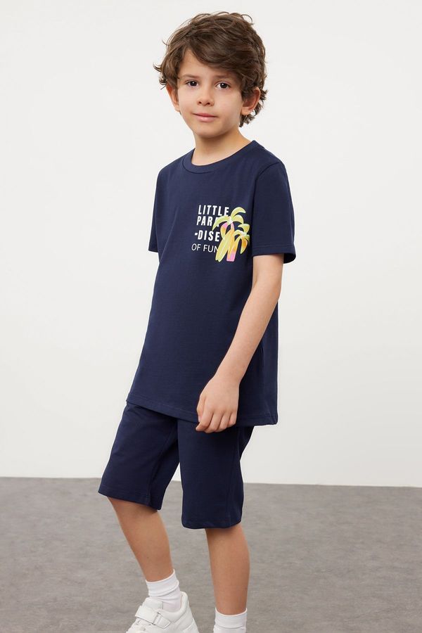 Trendyol Trendyol Navy Blue Boy Printed Short Sleeve T-shirt Shorts Knitted Set Bottom-Top Set