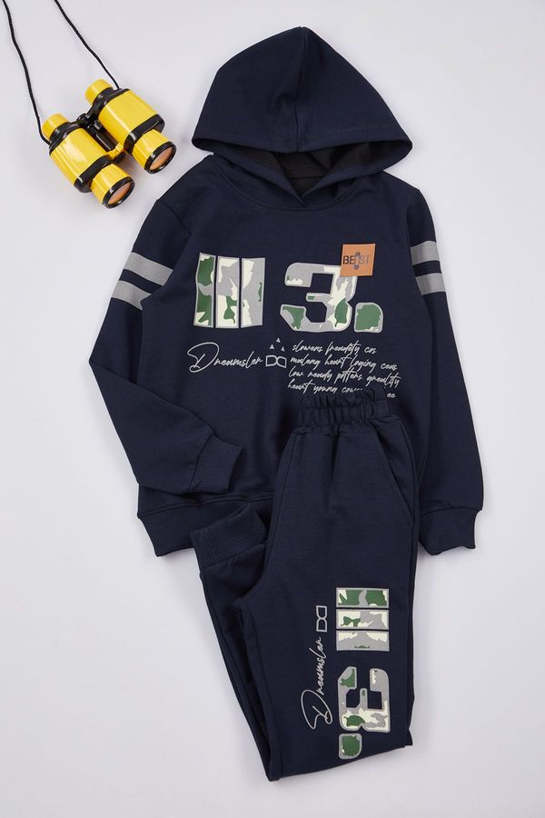 Trendyol Trendyol Navy Blue Boy Seasonal-Thin Hooded Slogan Printed Knitted Bottom-Top Set