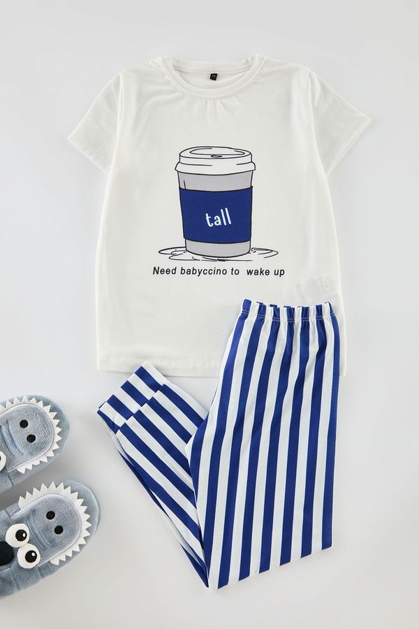 Trendyol Trendyol Navy Blue Boy Striped Printed Pajama Set Cotton Knitted Top-Bottom Set