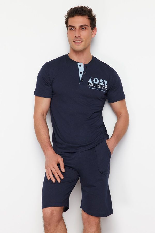 Trendyol Trendyol Navy Blue Button Collar Regular Fit Pajama Set with Knitted Shorts