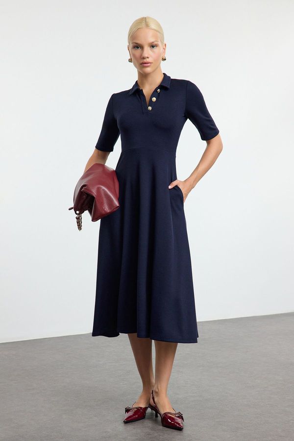 Trendyol Trendyol Navy Blue Button-down Collar Three Quarter Sleeve Skater/Waist Open Midi Knit Dress