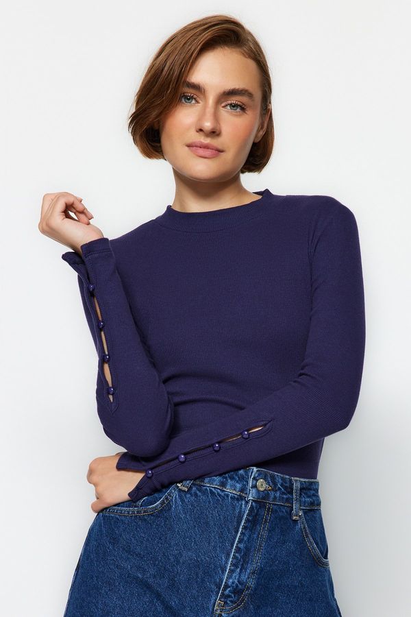 Trendyol Trendyol Navy Blue Buttoned Ribbed High Neck Fitted/Situated Cotton Stretch Knit Blouse