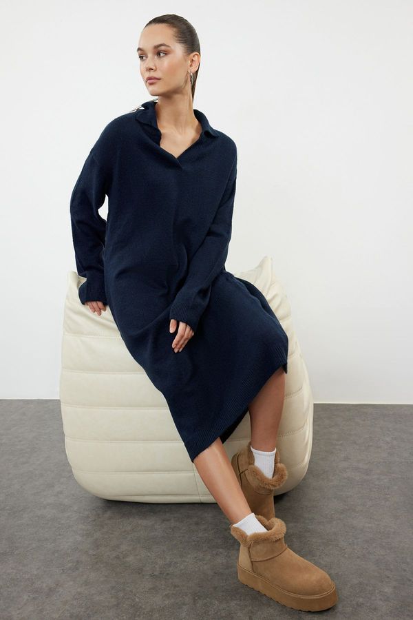 Trendyol Trendyol Navy Blue Care Collection Midi Knitwear Soft Textured Dress