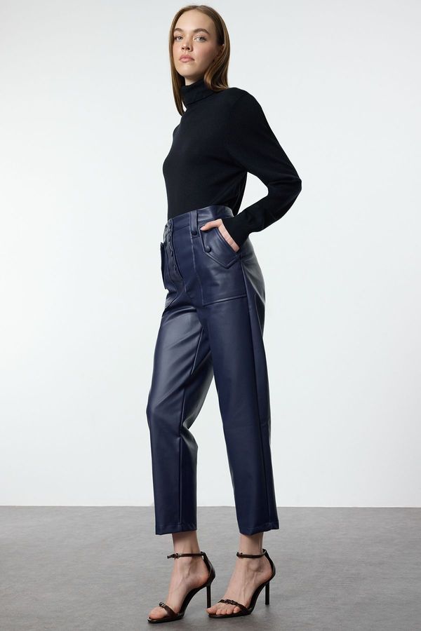 Trendyol Trendyol Navy Blue Carrot Woven Front Buttoned Faux Leather Trousers