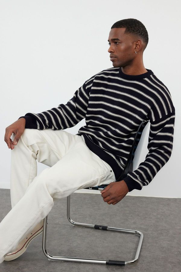 Trendyol Trendyol Navy Blue Casual Unisex Crew Neck Striped Knitwear Sweater