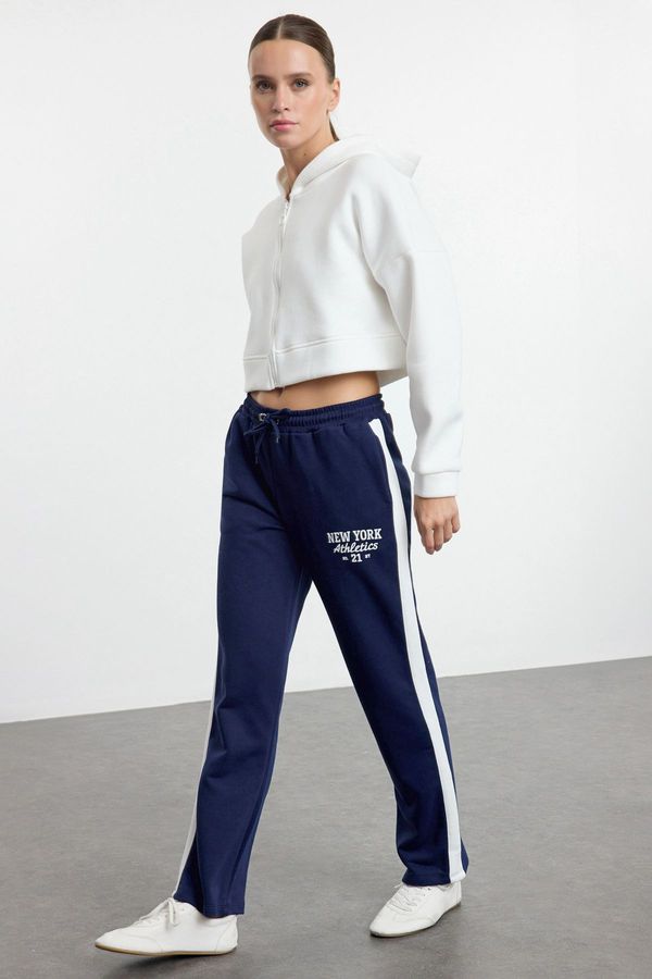 Trendyol Trendyol Navy Blue Color Block Slogan Printed Straight Pattern Knitted Sweatpants