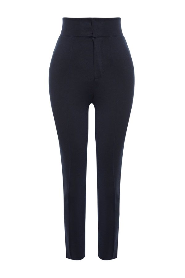 Trendyol Trendyol Navy Blue Compact High Waist Ribbed Elastic Waist Slim Fit Thick Knitted Trousers