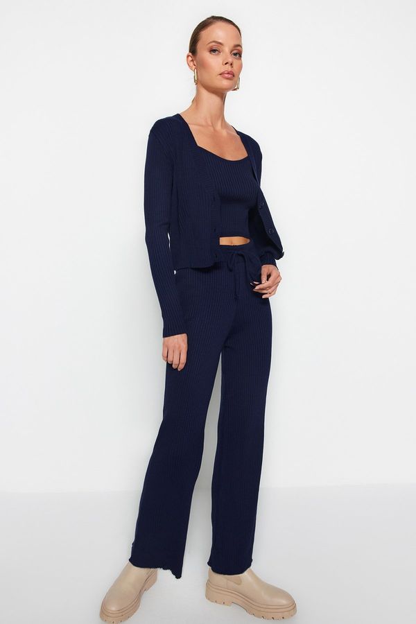 Trendyol Trendyol Navy Blue Corduroy Blouse Cardigan Trousers Knitwear Bottom-Top Set