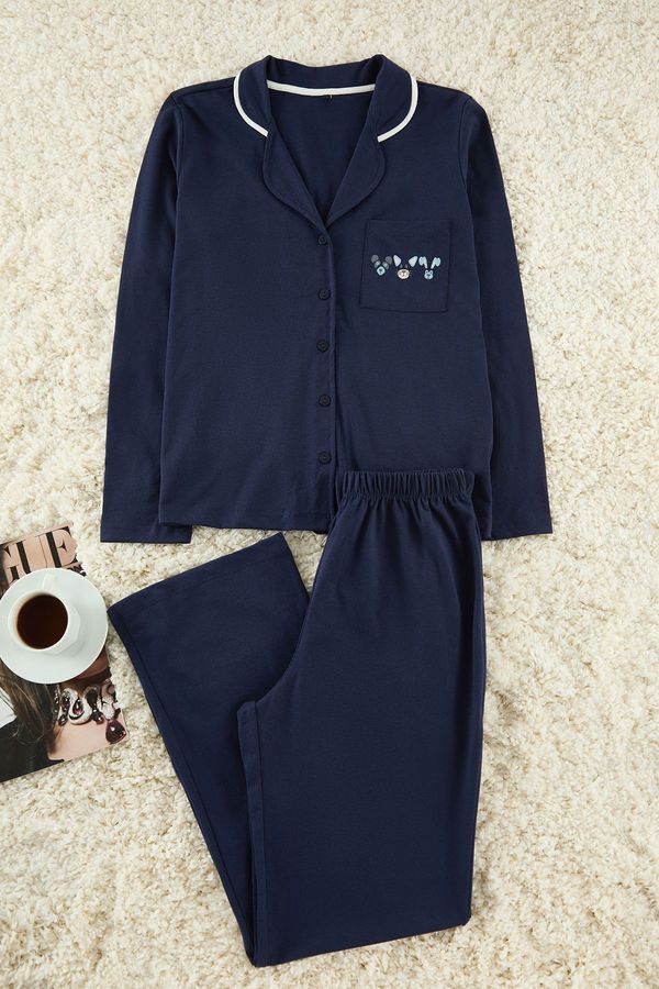 Trendyol Trendyol Navy Blue Cotton Piping and Pocket Detailed Printed Knitted Pajama Set