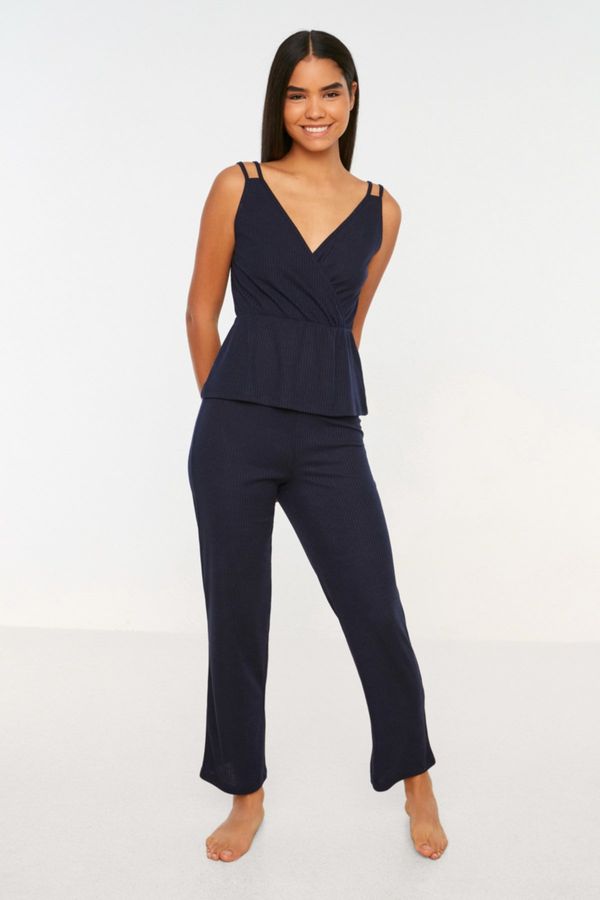 Trendyol Trendyol Navy Blue Cotton String Strap Ribbed Knitted Pajama Set