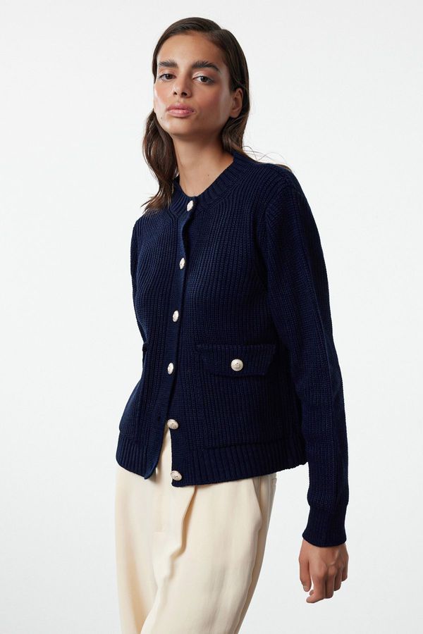 Trendyol Trendyol Navy Blue Crew Neck Knitwear Cardigan