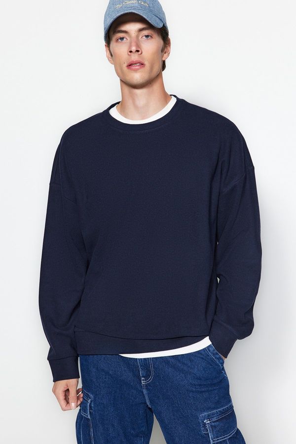 Trendyol Trendyol Navy Blue Crew Neck Oversize/Wide Cut Soft Brushed Thessaloniki Sweatshirt