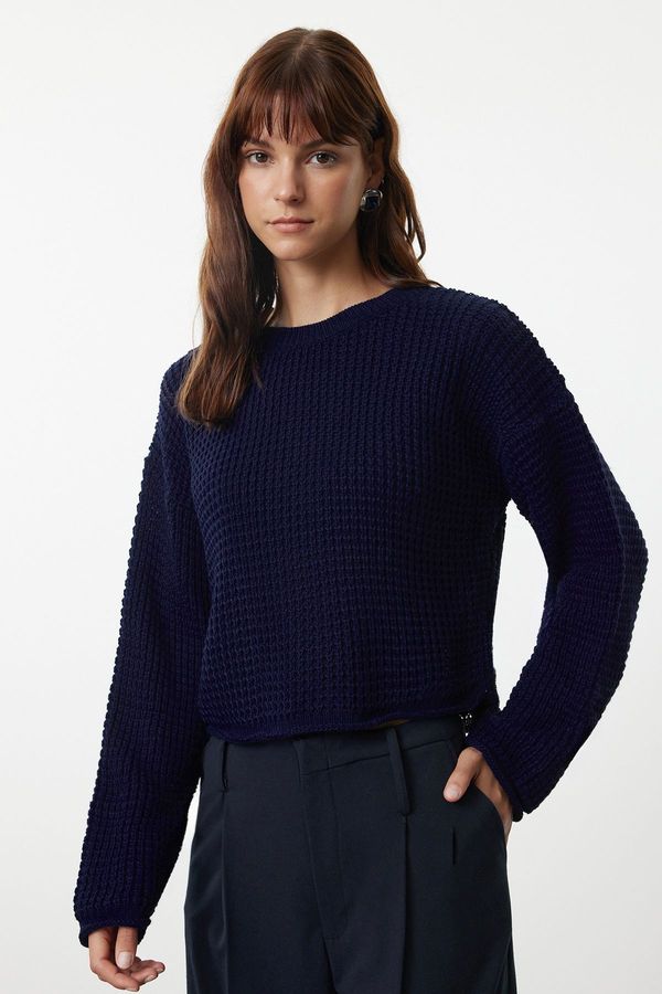 Trendyol Trendyol Navy Blue Crop Knit Detailed Knitwear Sweater