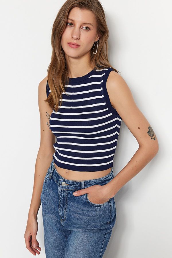 Trendyol Trendyol Navy Blue Crop Striped Knitwear Blouse