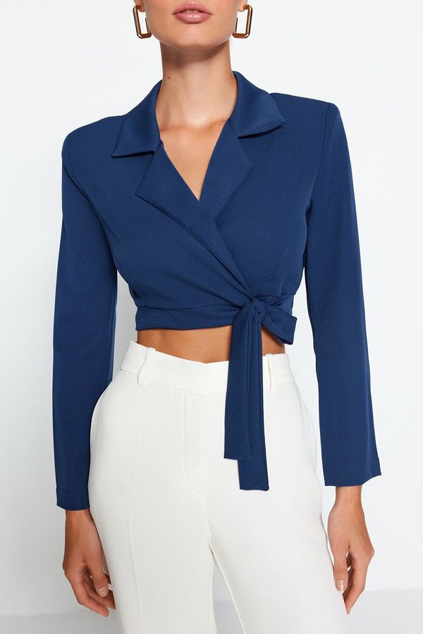 Trendyol Trendyol Navy Blue Crop Tie-Up Woven Blazer Jacket