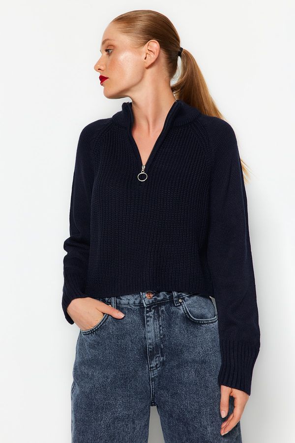 Trendyol Trendyol Navy Blue Crop Zipper Detailed Knitwear Sweater