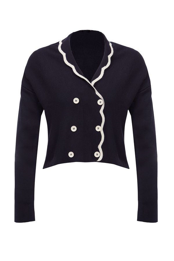 Trendyol Trendyol Navy Blue Double Breasted Collar Color Blocked Knitwear Cardigan