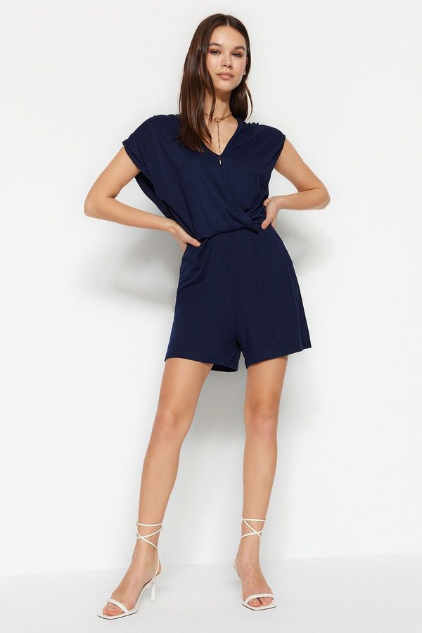 Trendyol Trendyol Navy Blue Double-breasted Collar, Fall, and Short, Knitted Jumpsuit
