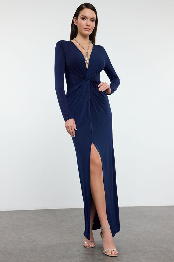 Trendyol Trendyol Navy Blue Double Breasted Collar Knitted Stylish Evening Dress