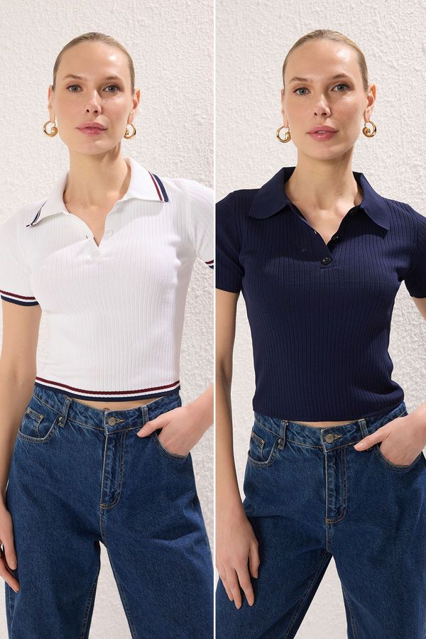 Trendyol Trendyol Navy Blue-Ecru*001 Basic Polo Collar Knitted Blouse