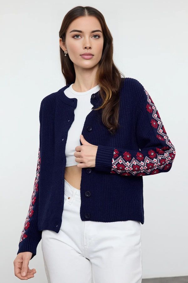 Trendyol Trendyol Navy Blue Embroidery Patterned Knitwear Cardigan