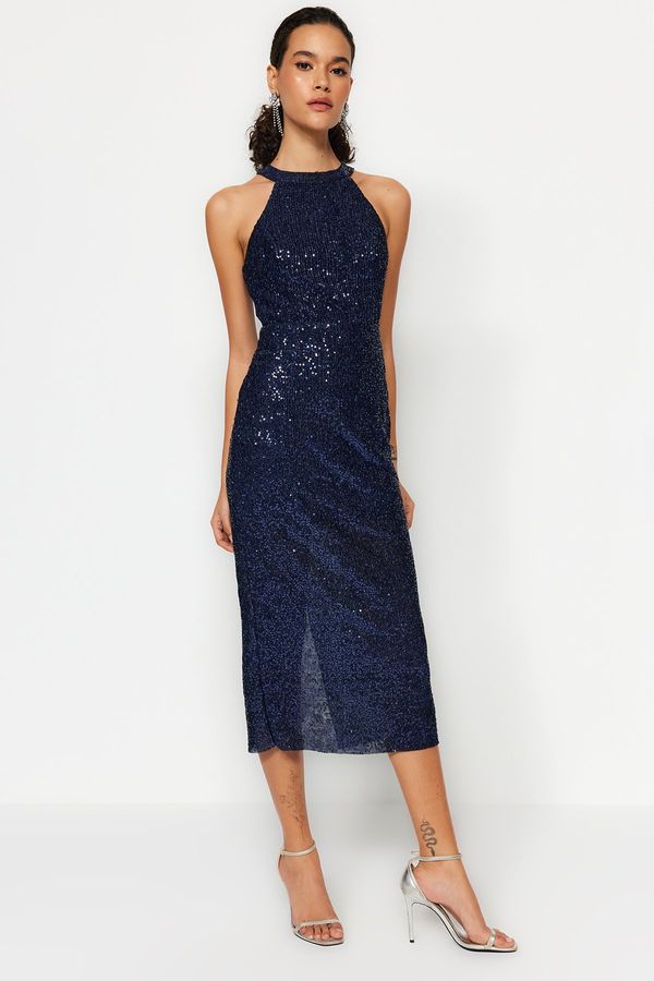 Trendyol Trendyol Navy Blue Fitted Evening Dress with Knitting Lined and Shimmering Sequins