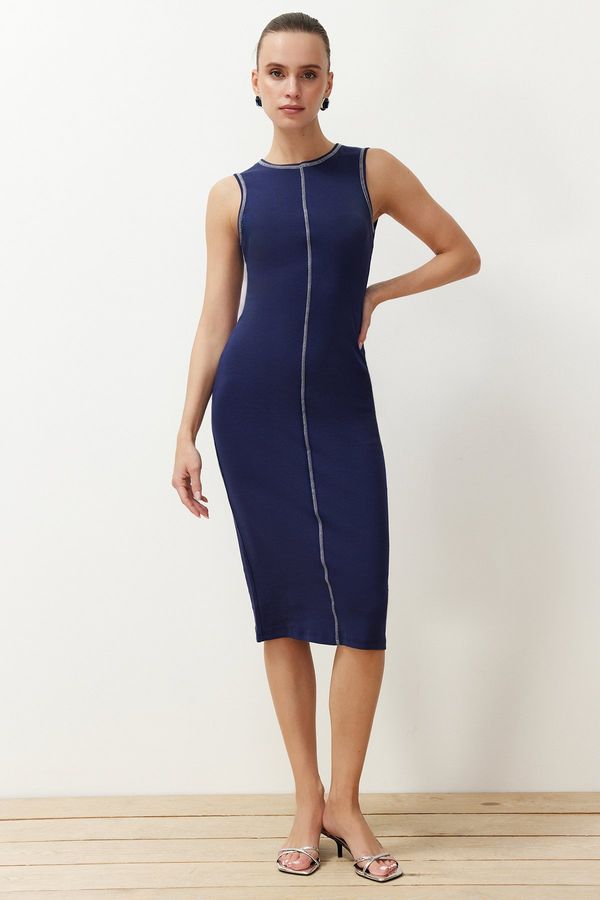 Trendyol Trendyol Navy Blue Fitted/Body-Sitting Cot Stitching Detailed Ribbed Flexible Knitted Midi Dress