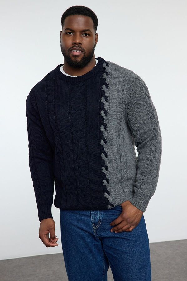 Trendyol Trendyol Navy Blue FL Men's Slim Crew Neck Color Block Knitwear Plus Size Sweater