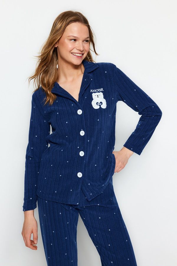 Trendyol Trendyol Navy Blue Fleece Polka Dot Animal Print Shirt-Pants Knitted Pajamas Set