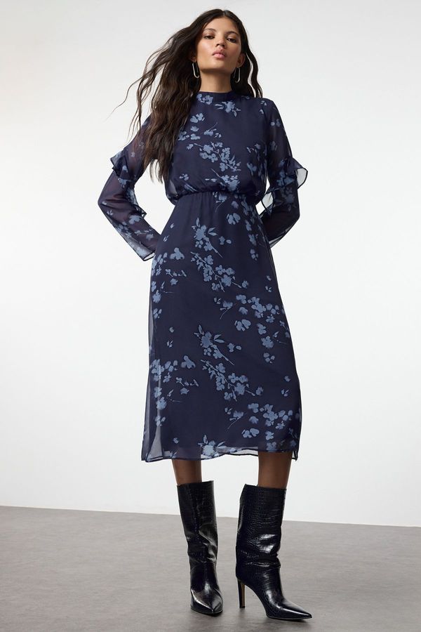 Trendyol Trendyol Navy Blue Floral A-Line Midi Woven Winter Dress