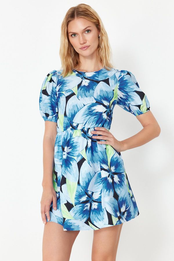 Trendyol Trendyol Navy Blue Floral Skater/Waist-Opening Back Detailed Mini Woven Dress