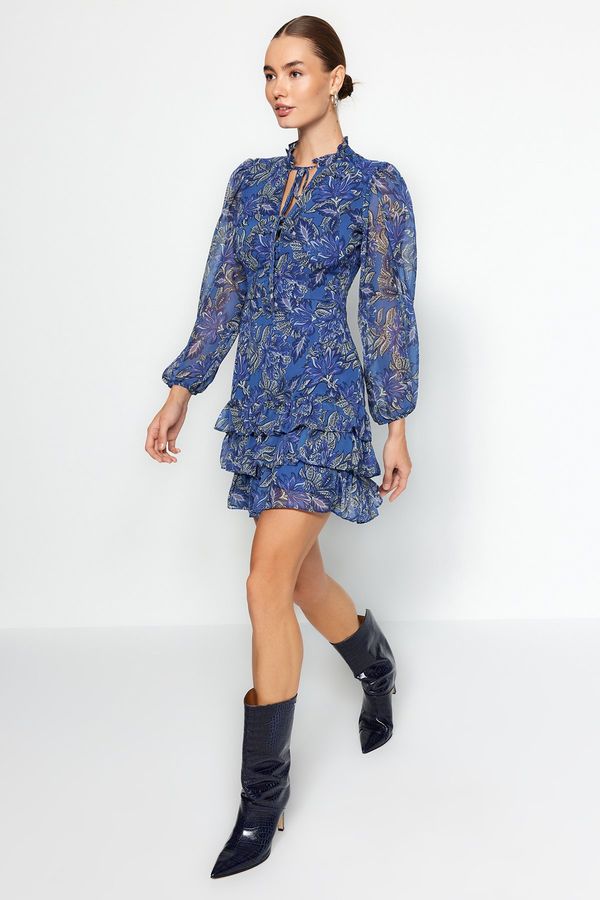 Trendyol Trendyol Navy Blue Frilled Collar Detailed Woven Winter Dress