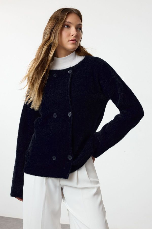 Trendyol Trendyol Navy Blue Furry Coat-Looking Knitwear Cardigan