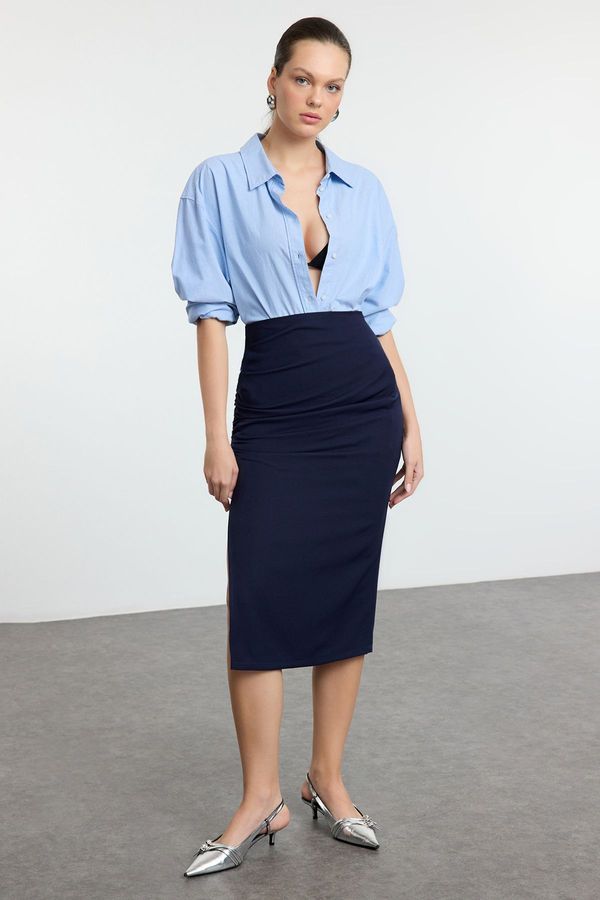 Trendyol Trendyol Navy Blue Gathered Slit Detailed Pencil Fit Midi Woven Skirt