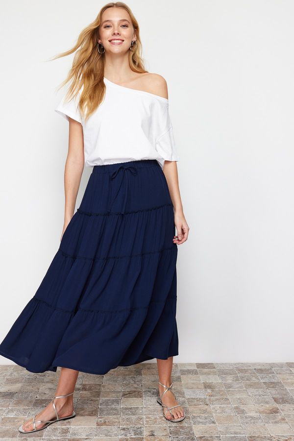 Trendyol Trendyol Navy Blue Gathered Waist Flared Maxi Length Woven Skirt