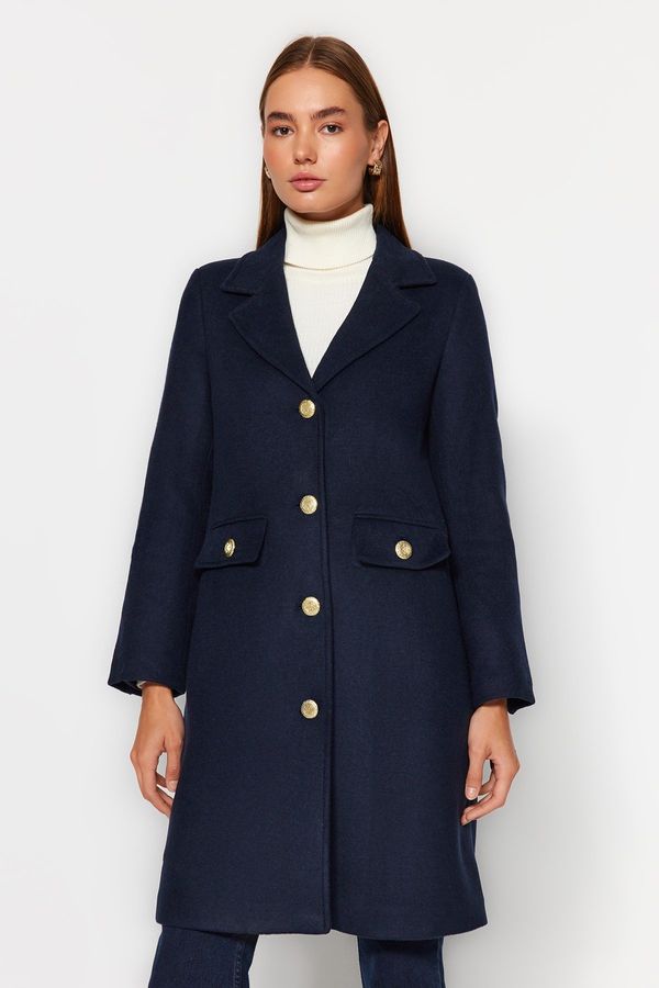 Trendyol Trendyol Navy Blue Gold Button Detailed Long Stamped Coat