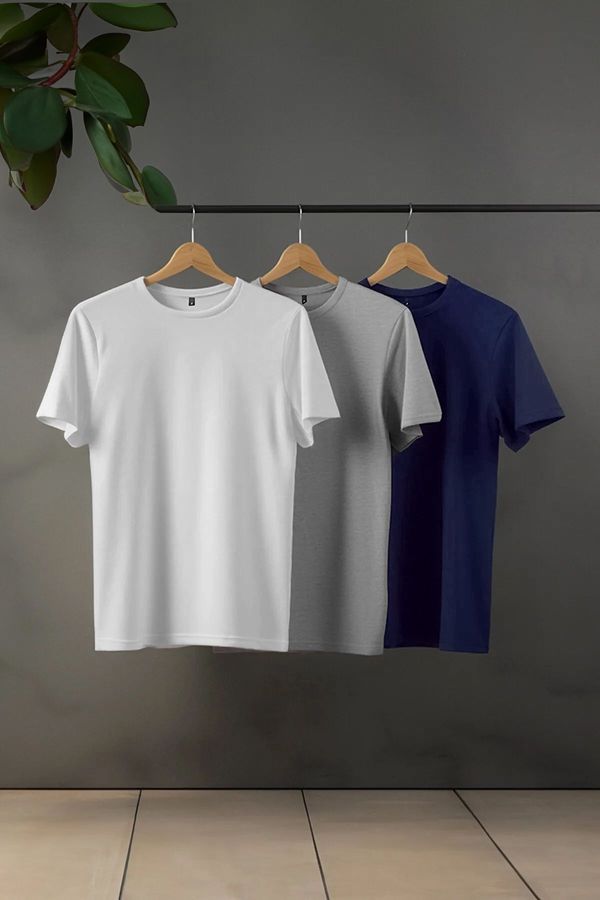 Trendyol Trendyol Navy Blue-Grey-Ecru 3-Pack Black Slim/Slim Cut Basic 100% Cotton T-Shirt