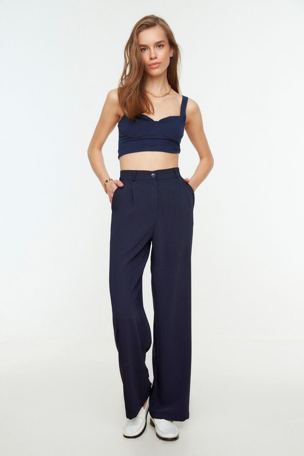 Trendyol Trendyol Navy Blue High Waist Wide Leg / Wide Leg Striped Woven Pants