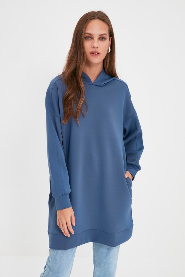 Trendyol Trendyol Navy Blue Hooded Pocketed Scuba Knitted Wide Fit Oversize Sweatshirt