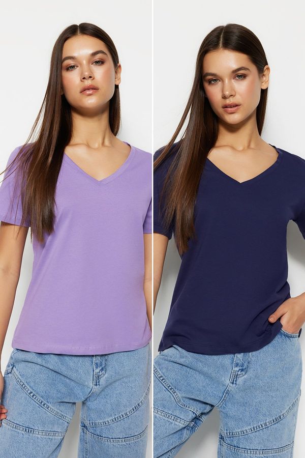 Trendyol Trendyol Navy Blue-Lilac 100% Cotton Pack of 2 Basic V-Neck Knitted T-Shirt
