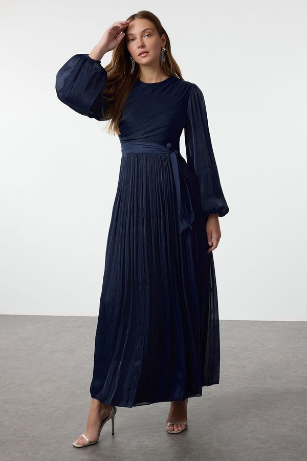 Trendyol Trendyol Navy Blue Lined Sash Detailed Glitter Chiffon Evening Dress