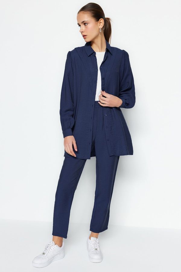 Trendyol Trendyol Navy Blue Linen Look Shirt-Pants Woven Suit