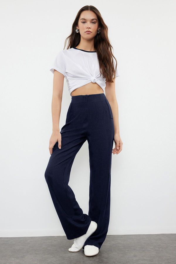 Trendyol Trendyol Navy Blue Linen Look Wide Leg High Waist Woven Trousers