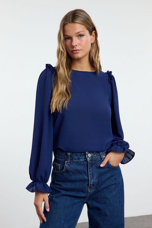 Trendyol Trendyol Navy Blue Long Sleeve Stand Collar Woven Blouse